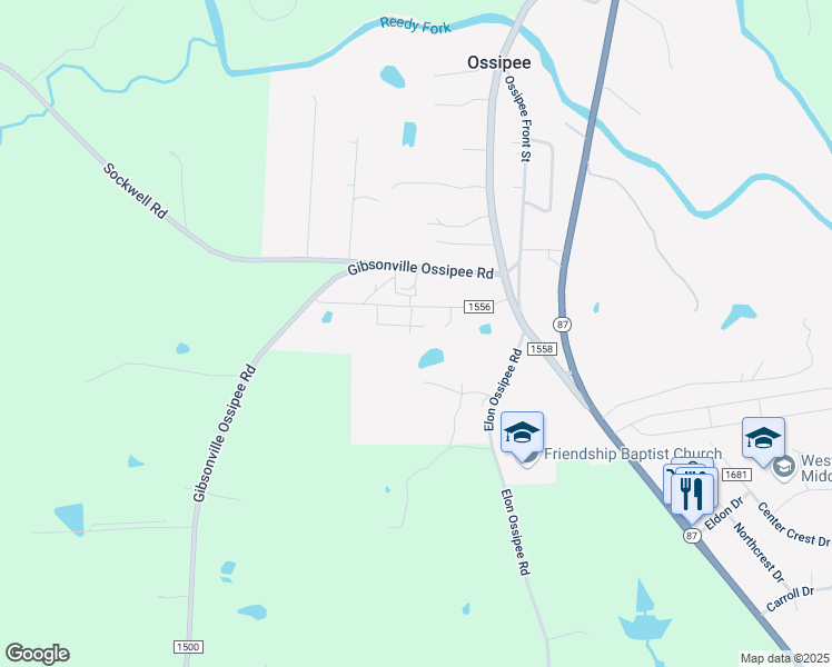 map of restaurants, bars, coffee shops, grocery stores, and more near 3252 Ossipee Holiness Church Road in Elon