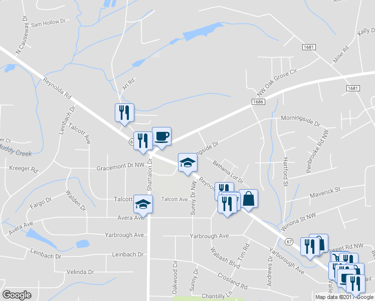 map of restaurants, bars, coffee shops, grocery stores, and more near 4814 Morningside Drive in Winston-Salem