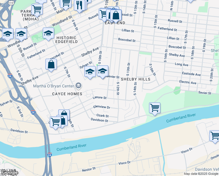 map of restaurants, bars, coffee shops, grocery stores, and more near 1101 Dew Street in Nashville