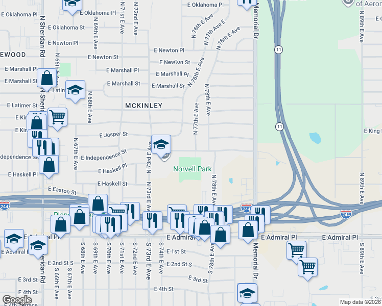 map of restaurants, bars, coffee shops, grocery stores, and more near 7380 East Independence Street in Tulsa