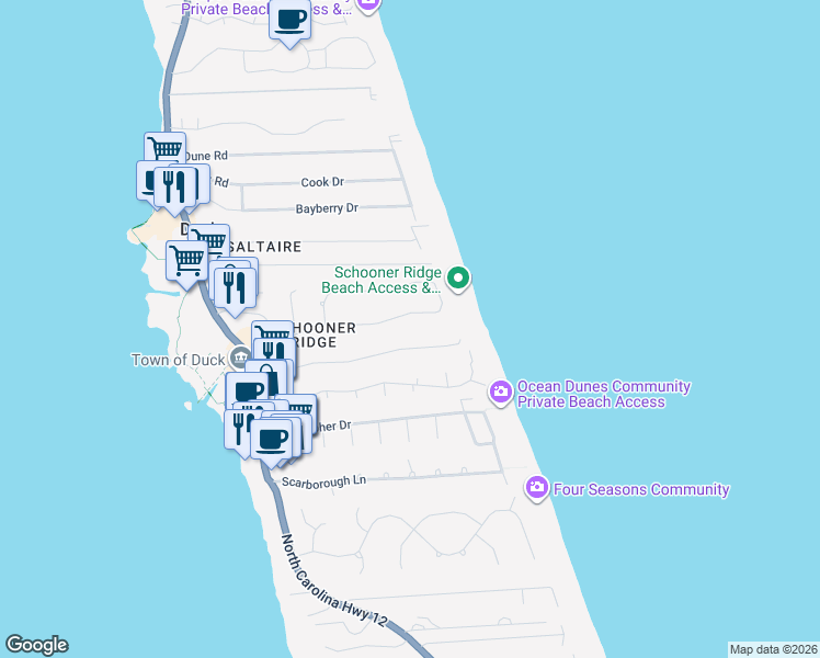 map of restaurants, bars, coffee shops, grocery stores, and more near 139 Schooner Ridge in Kitty Hawk