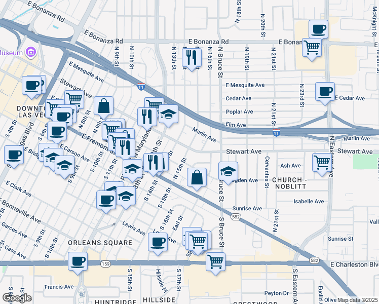 map of restaurants, bars, coffee shops, grocery stores, and more near 218n North 15th Street in Las Vegas