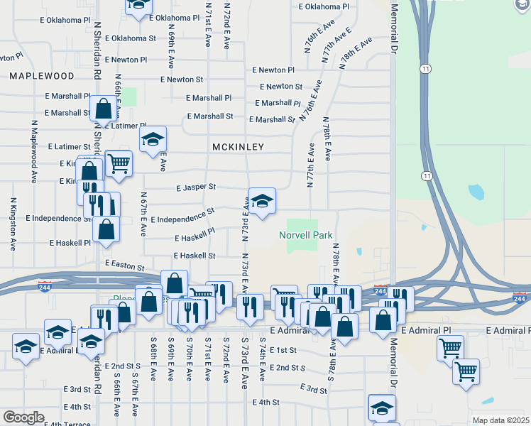 map of restaurants, bars, coffee shops, grocery stores, and more near 7314 East Independence Street in Tulsa