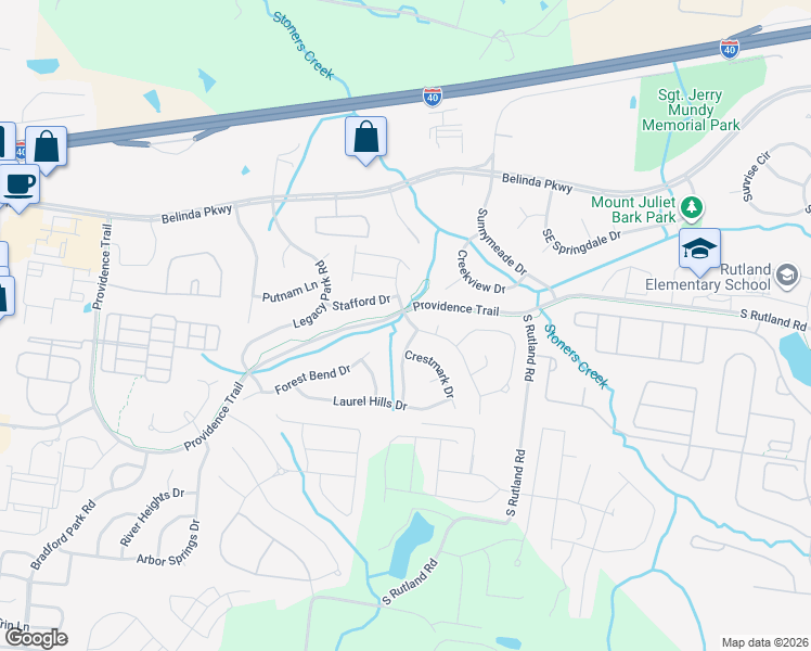 map of restaurants, bars, coffee shops, grocery stores, and more near 204 Sterling Woods Drive in Mt. Juliet