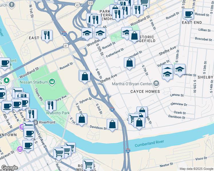 map of restaurants, bars, coffee shops, grocery stores, and more near 528 South 5th Street in Nashville
