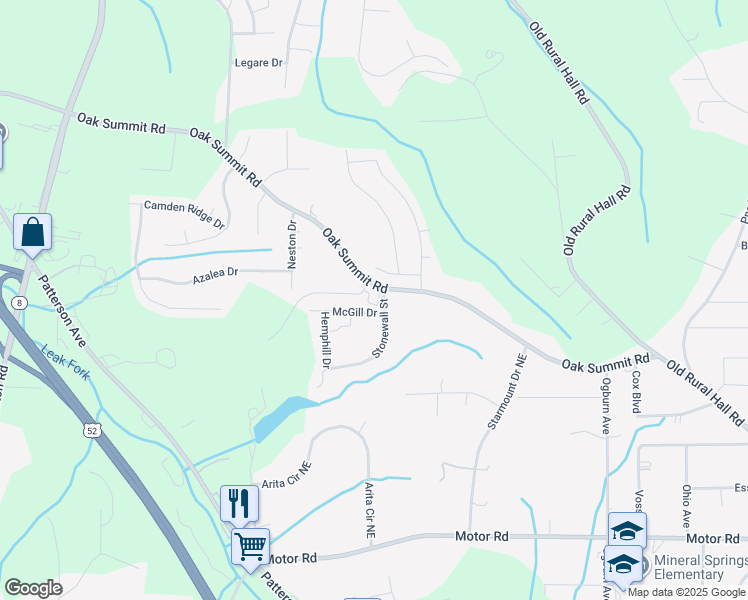 map of restaurants, bars, coffee shops, grocery stores, and more near 534 Oak Summit Road in Winston-Salem