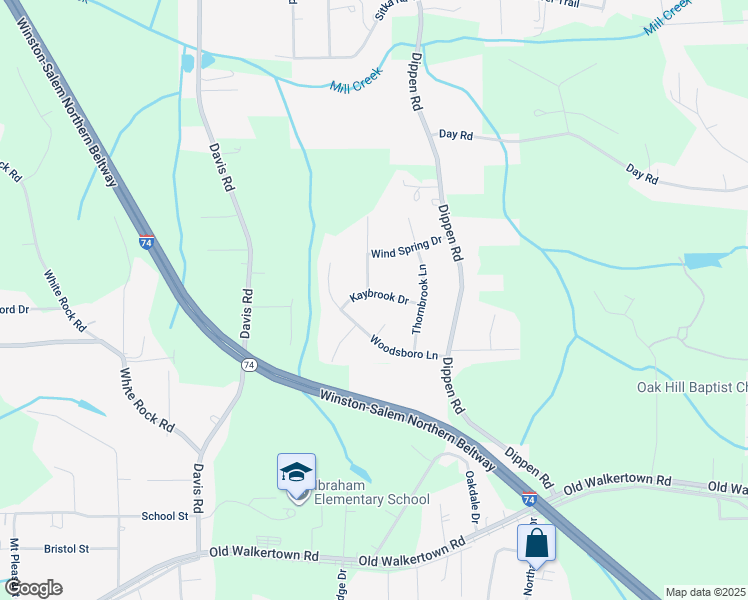 map of restaurants, bars, coffee shops, grocery stores, and more near 5015 Kaybrook Drive in Winston-Salem