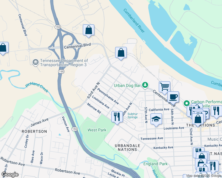 map of restaurants, bars, coffee shops, grocery stores, and more near 6121B California Avenue in Nashville