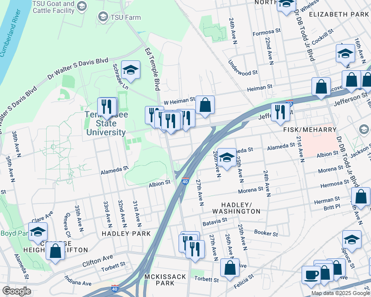 map of restaurants, bars, coffee shops, grocery stores, and more near 2701 Meharry Boulevard in Nashville