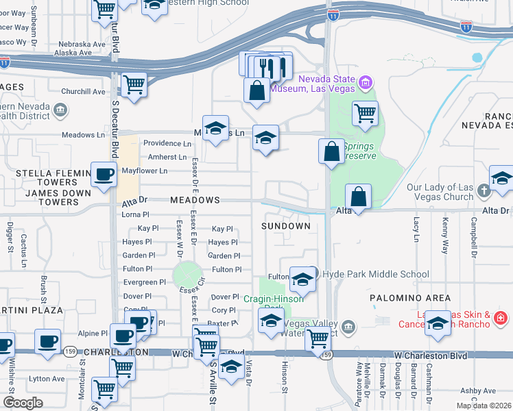 map of restaurants, bars, coffee shops, grocery stores, and more near 421 Bedford Road in Las Vegas
