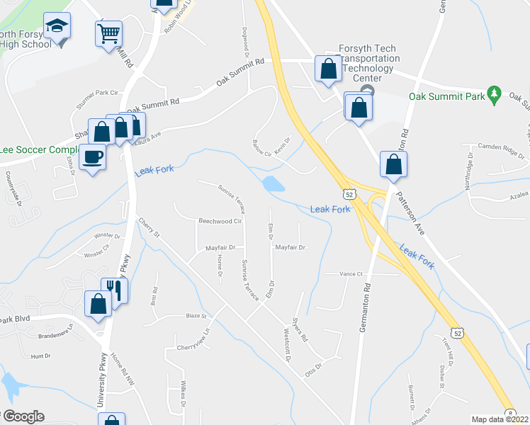 map of restaurants, bars, coffee shops, grocery stores, and more near 318 Elm Drive in Winston-Salem