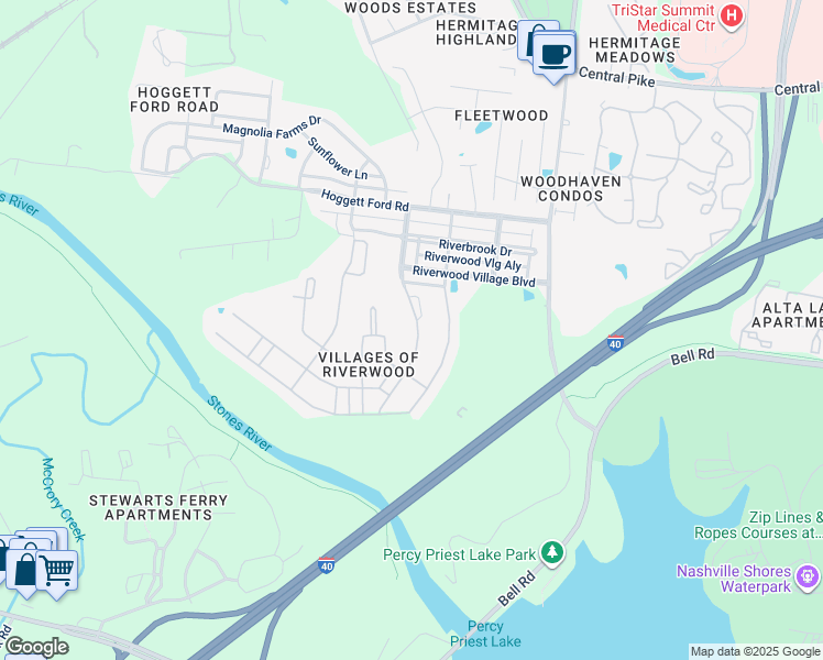 map of restaurants, bars, coffee shops, grocery stores, and more near 1232 Riverbirch Way in Nashville