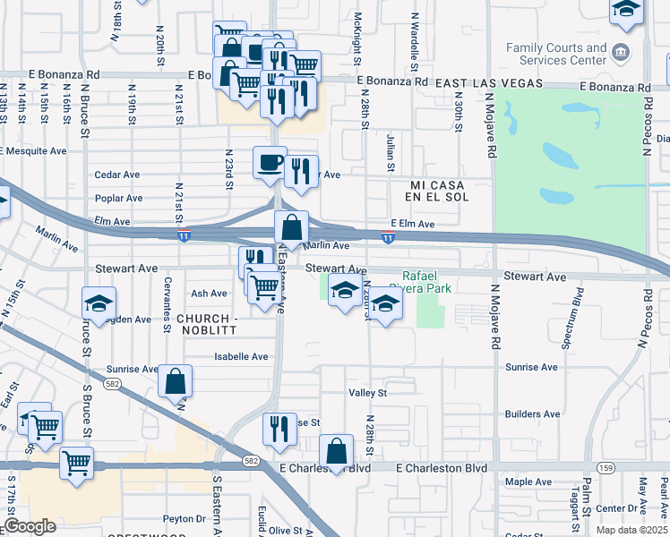 map of restaurants, bars, coffee shops, grocery stores, and more near 2711 Stewart Avenue in Las Vegas