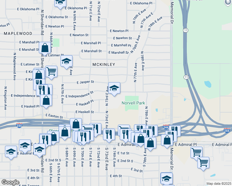 map of restaurants, bars, coffee shops, grocery stores, and more near 7314 East Independence Street in Tulsa