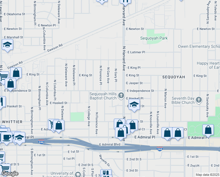 map of restaurants, bars, coffee shops, grocery stores, and more near 3135 East Independence Street in Tulsa