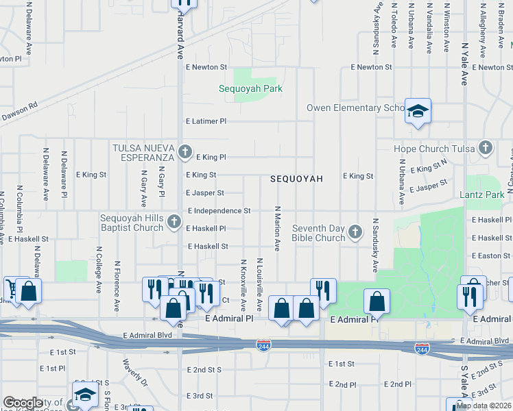 map of restaurants, bars, coffee shops, grocery stores, and more near 806 North Louisville Avenue in Tulsa