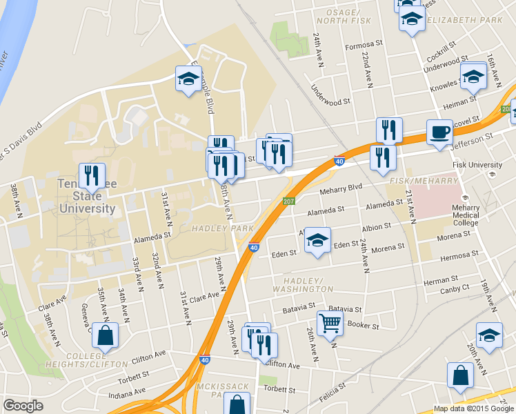 map of restaurants, bars, coffee shops, grocery stores, and more near 2701 Meharry Boulevard in Nashville