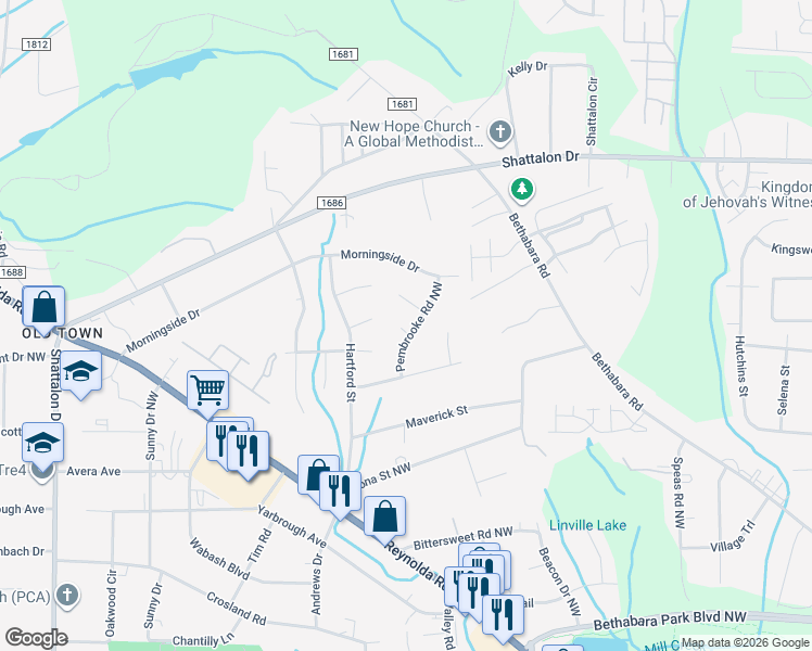map of restaurants, bars, coffee shops, grocery stores, and more near 3836 Pembrooke Road Northwest in Winston-Salem