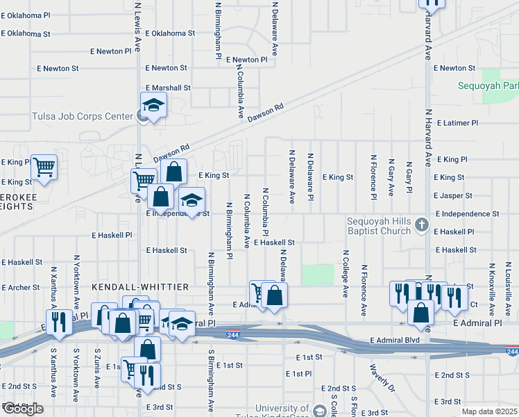 map of restaurants, bars, coffee shops, grocery stores, and more near 806 North Columbia Place in Tulsa