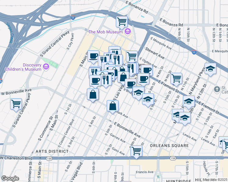 map of restaurants, bars, coffee shops, grocery stores, and more near 300 South Las Vegas Boulevard in Las Vegas