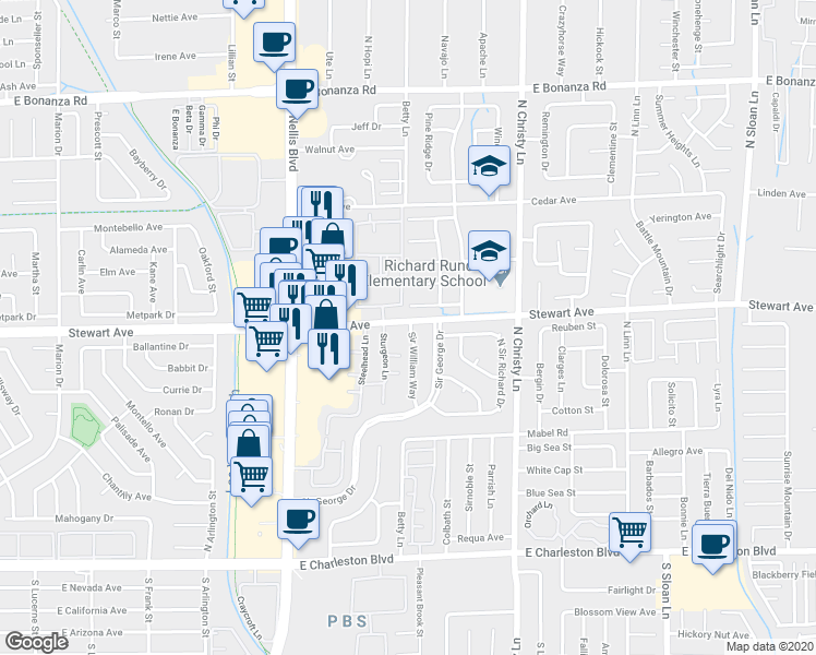 map of restaurants, bars, coffee shops, grocery stores, and more near 399 Sir William Way in Las Vegas