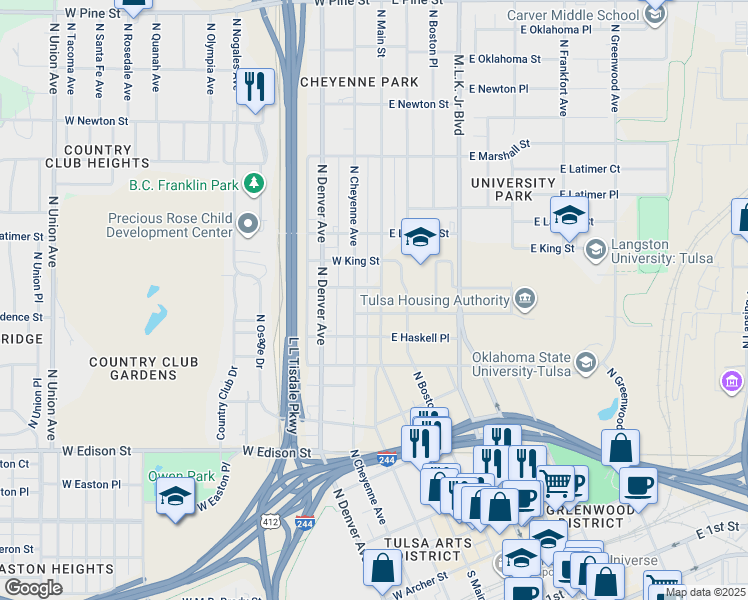 map of restaurants, bars, coffee shops, grocery stores, and more near 824 North Main Street in Tulsa