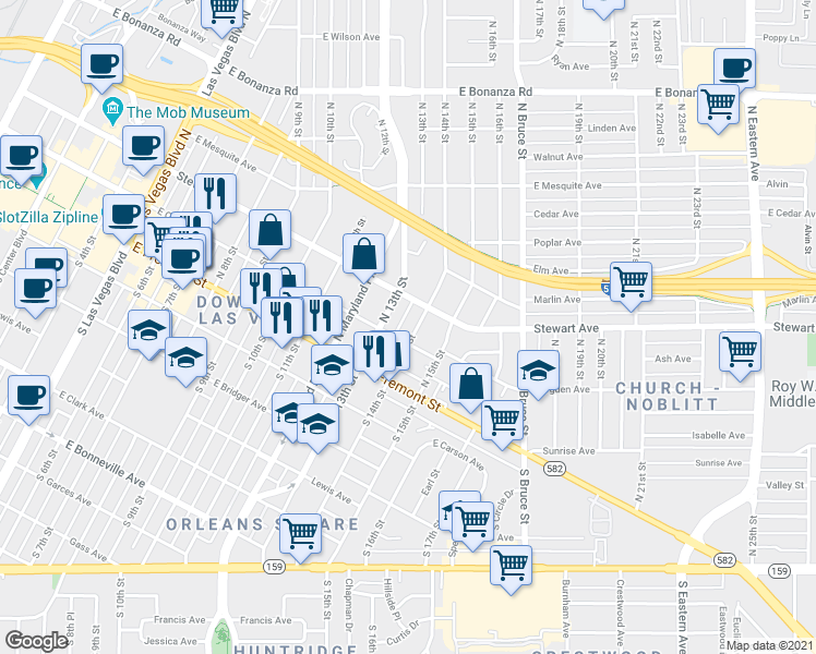 map of restaurants, bars, coffee shops, grocery stores, and more near 211 North 14th Street in Las Vegas