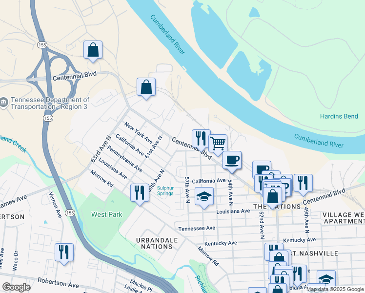 map of restaurants, bars, coffee shops, grocery stores, and more near 5701 Centennial Boulevard in Nashville