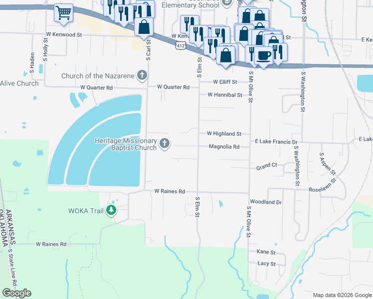 map of restaurants, bars, coffee shops, grocery stores, and more near 2304 South Elm Street in Siloam Springs
