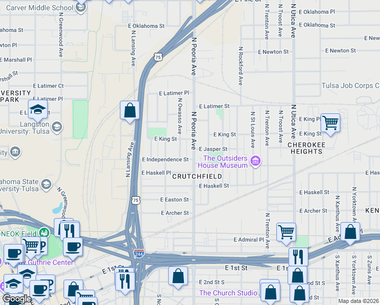 map of restaurants, bars, coffee shops, grocery stores, and more near 812 North Peoria Avenue in Tulsa