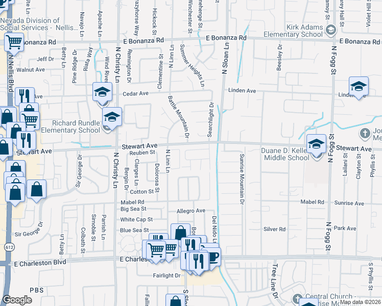 map of restaurants, bars, coffee shops, grocery stores, and more near 5805 Dana Rogers Drive in Las Vegas