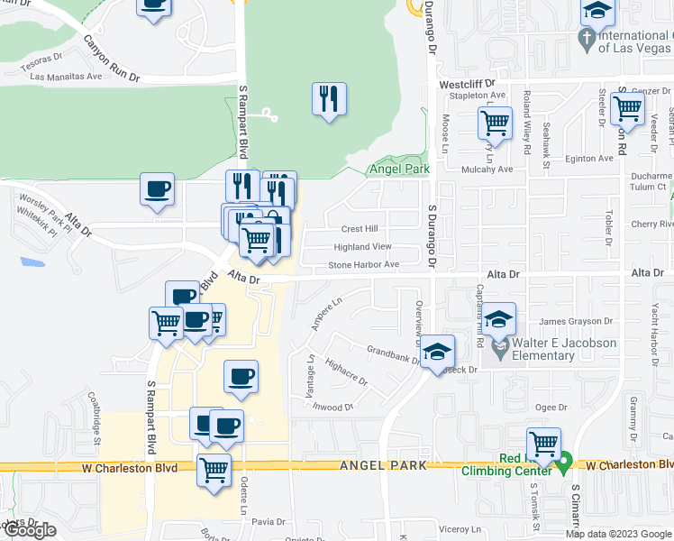map of restaurants, bars, coffee shops, grocery stores, and more near 8621 Stone Harbor Avenue in Las Vegas