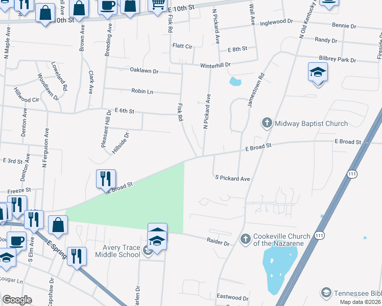 map of restaurants, bars, coffee shops, grocery stores, and more near 512 Fisk Road in Cookeville