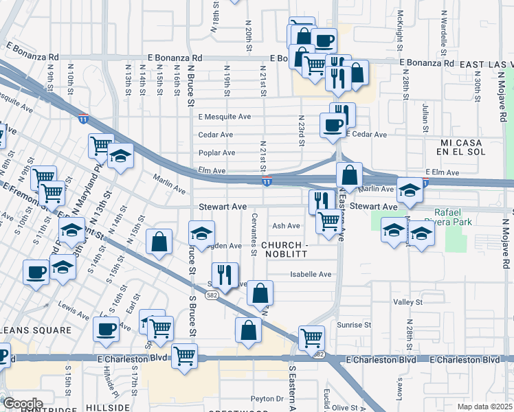 map of restaurants, bars, coffee shops, grocery stores, and more near Stewart Avenue in Las Vegas