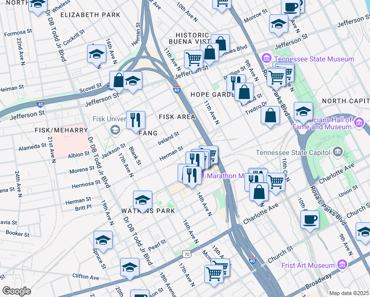 map of restaurants, bars, coffee shops, grocery stores, and more near 1311 Herman Street in Nashville