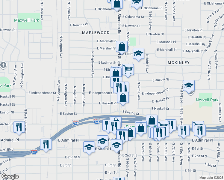 map of restaurants, bars, coffee shops, grocery stores, and more near 807 North Oxford Avenue in Tulsa