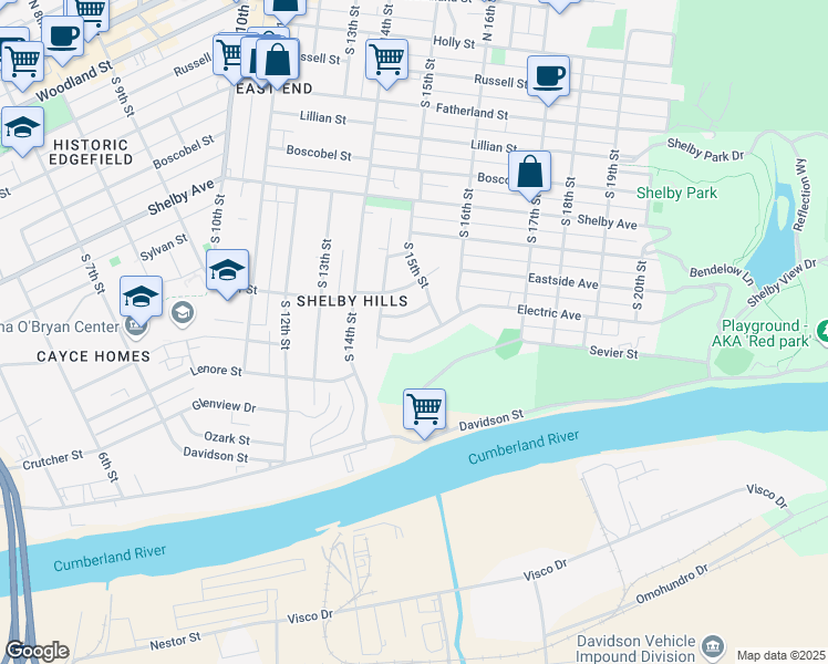map of restaurants, bars, coffee shops, grocery stores, and more near 1427 Electric Avenue in Nashville