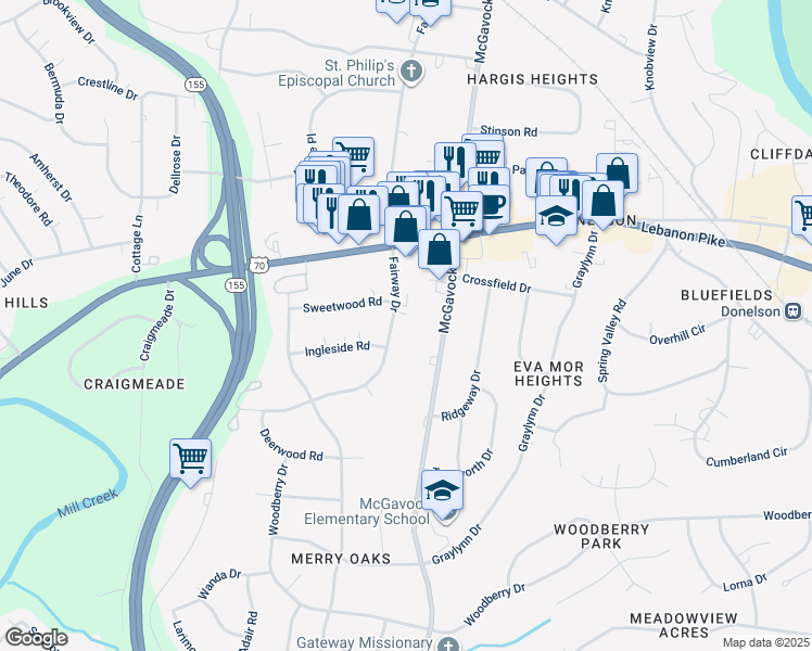 map of restaurants, bars, coffee shops, grocery stores, and more near 213 Fairway Drive in Nashville