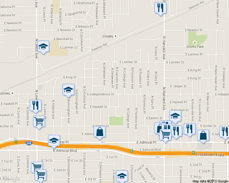 map of restaurants, bars, coffee shops, grocery stores, and more near 807 North Delaware Place in Tulsa