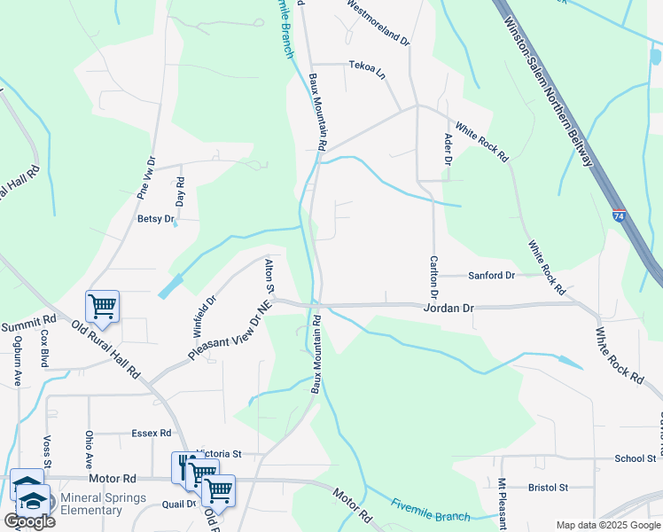 map of restaurants, bars, coffee shops, grocery stores, and more near 4719 Baux Mountain Road in Winston-Salem