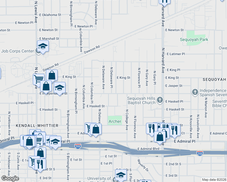 map of restaurants, bars, coffee shops, grocery stores, and more near 807 North Delaware Place in Tulsa