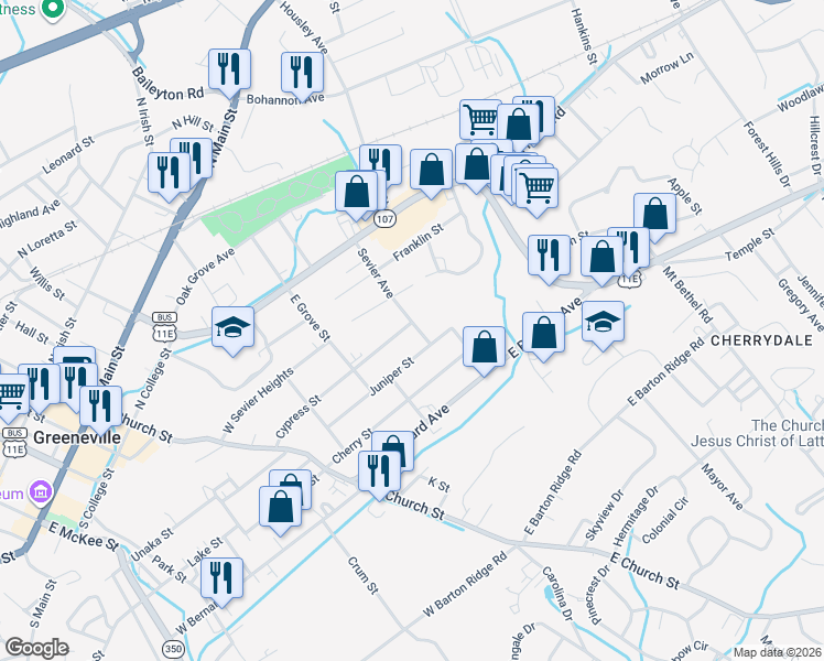 map of restaurants, bars, coffee shops, grocery stores, and more near 400 Sevier Avenue in Greeneville