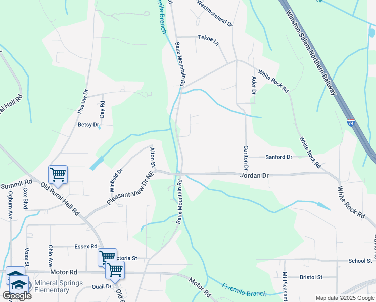 map of restaurants, bars, coffee shops, grocery stores, and more near 4719 Baux Mountain Road in Winston-Salem