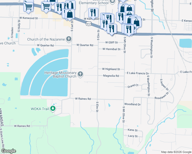 map of restaurants, bars, coffee shops, grocery stores, and more near 2304 South Elm Street in Siloam Springs