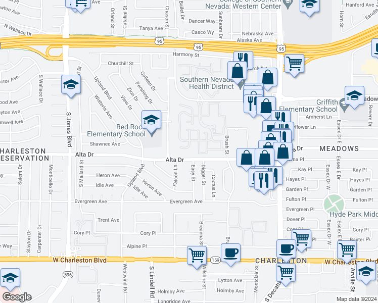 map of restaurants, bars, coffee shops, grocery stores, and more near 468 Fallwood Lane in Las Vegas