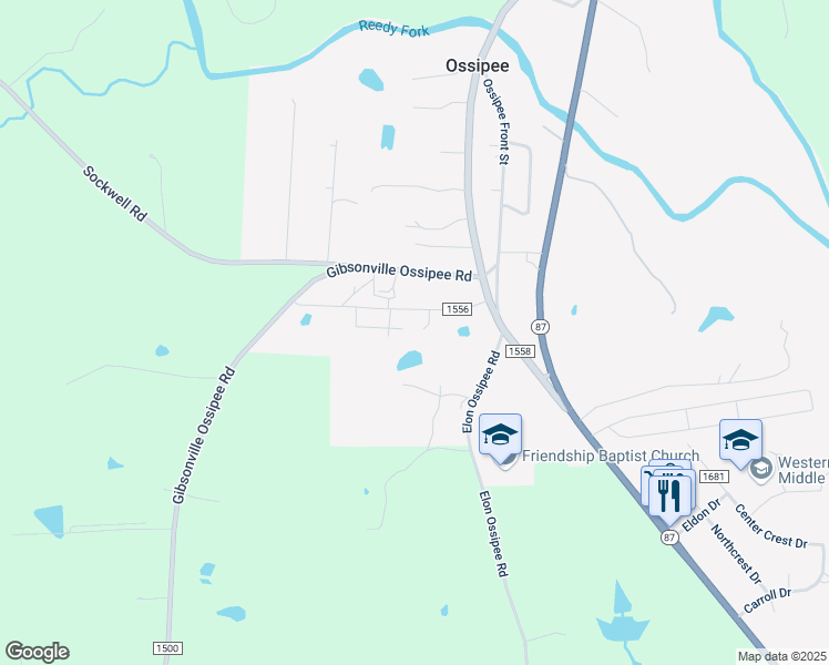 map of restaurants, bars, coffee shops, grocery stores, and more near 3252 Ossipee Holiness Church Road in Elon