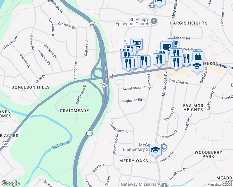 map of restaurants, bars, coffee shops, grocery stores, and more near 207a Blue Hills Drive in Nashville
