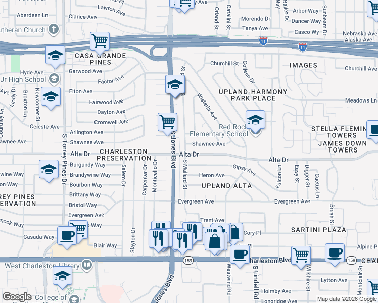 map of restaurants, bars, coffee shops, grocery stores, and more near 5924 Alta Drive in Las Vegas