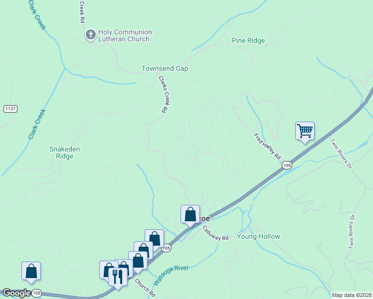 map of restaurants, bars, coffee shops, grocery stores, and more near 114 Copper Hills in Boone