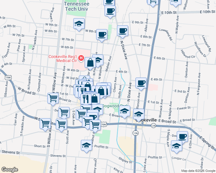 map of restaurants, bars, coffee shops, grocery stores, and more near 130 Poplar Avenue in Cookeville